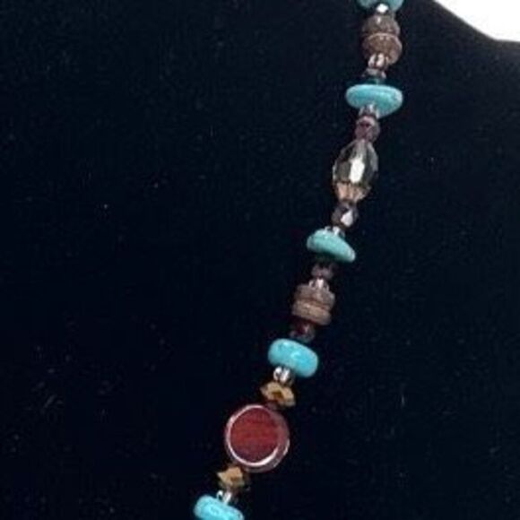 Vtg Glass & Stone Beaded Statement Necklace 9" Multicolor Howlite Stone Pendant - Picture 4 of 8